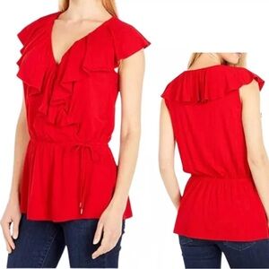 LAUREN Ralph Lauren Black Label Womens Wrap Top Red Ruffled Trim V Neck Size S/P
